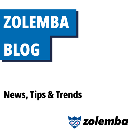 Zolemba-Banner mit einem Farbschema in Weiß, Blau und Schwarz, das das Zolemba-Logo und einen Text zur Bewerbung des Blogs zeigt.