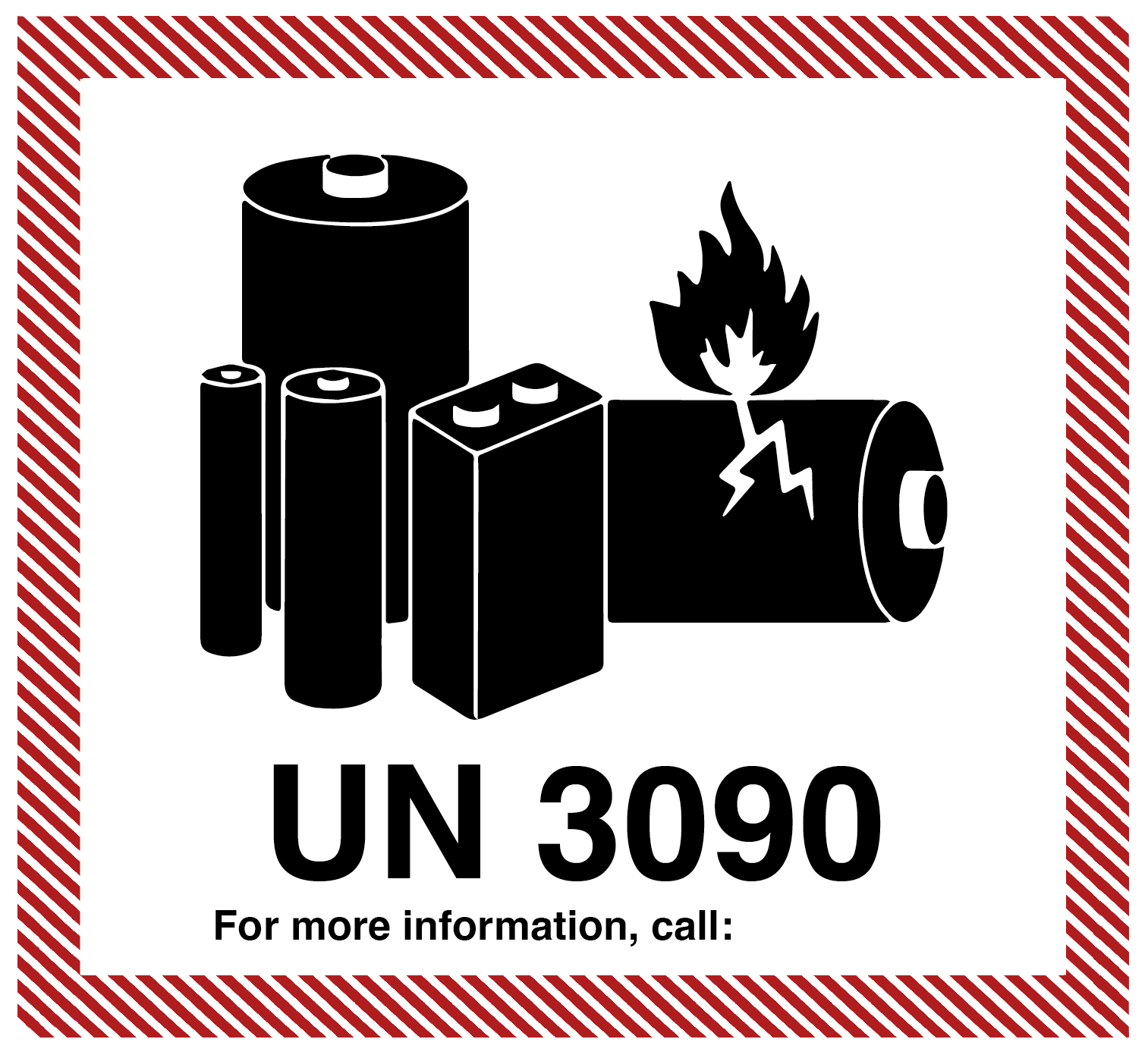 IATA lithium battery label with black batteries, code, and red margin on a white background.