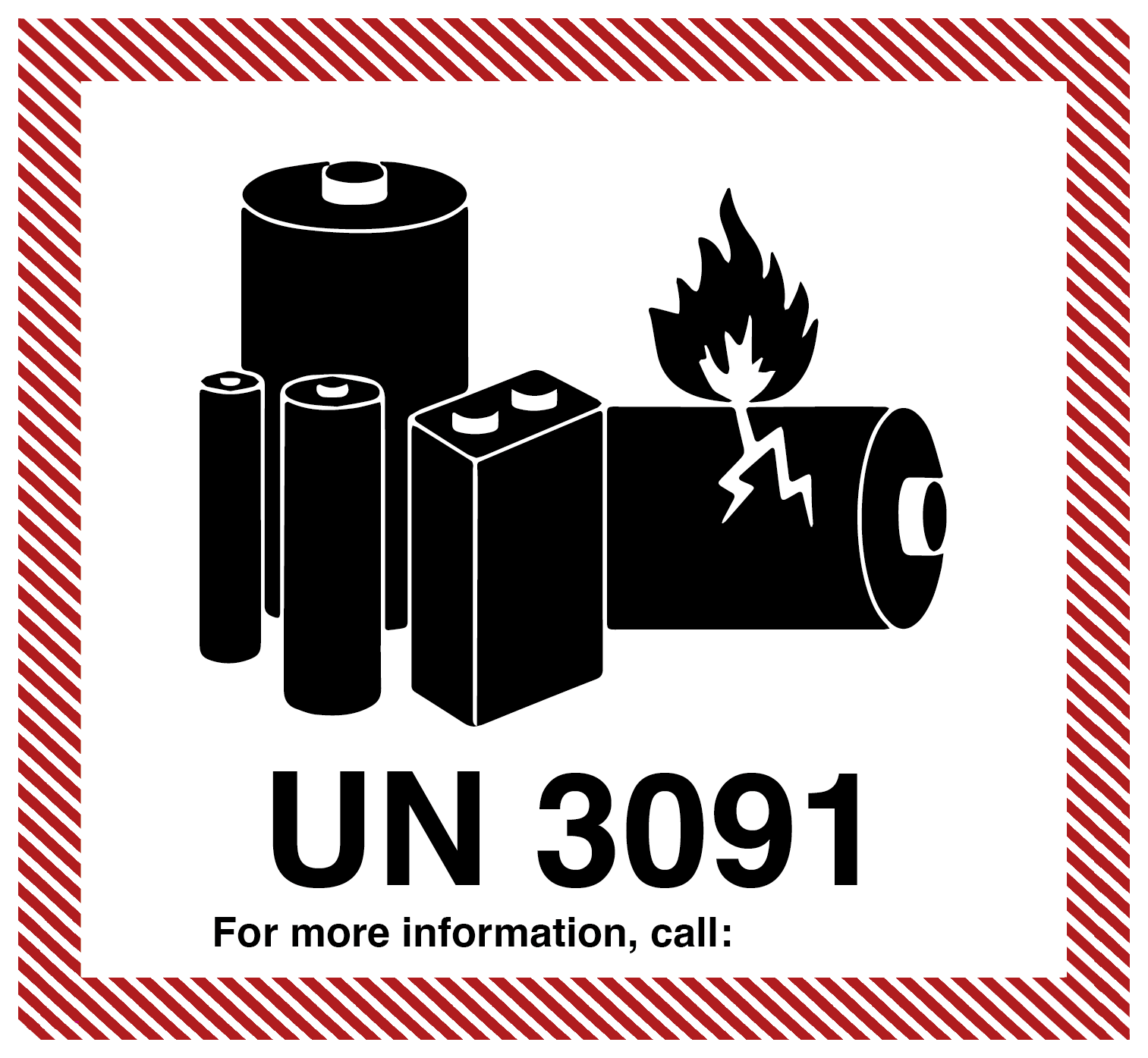 IATA lithium battery label with black batteries, code, and red margin on a white background.