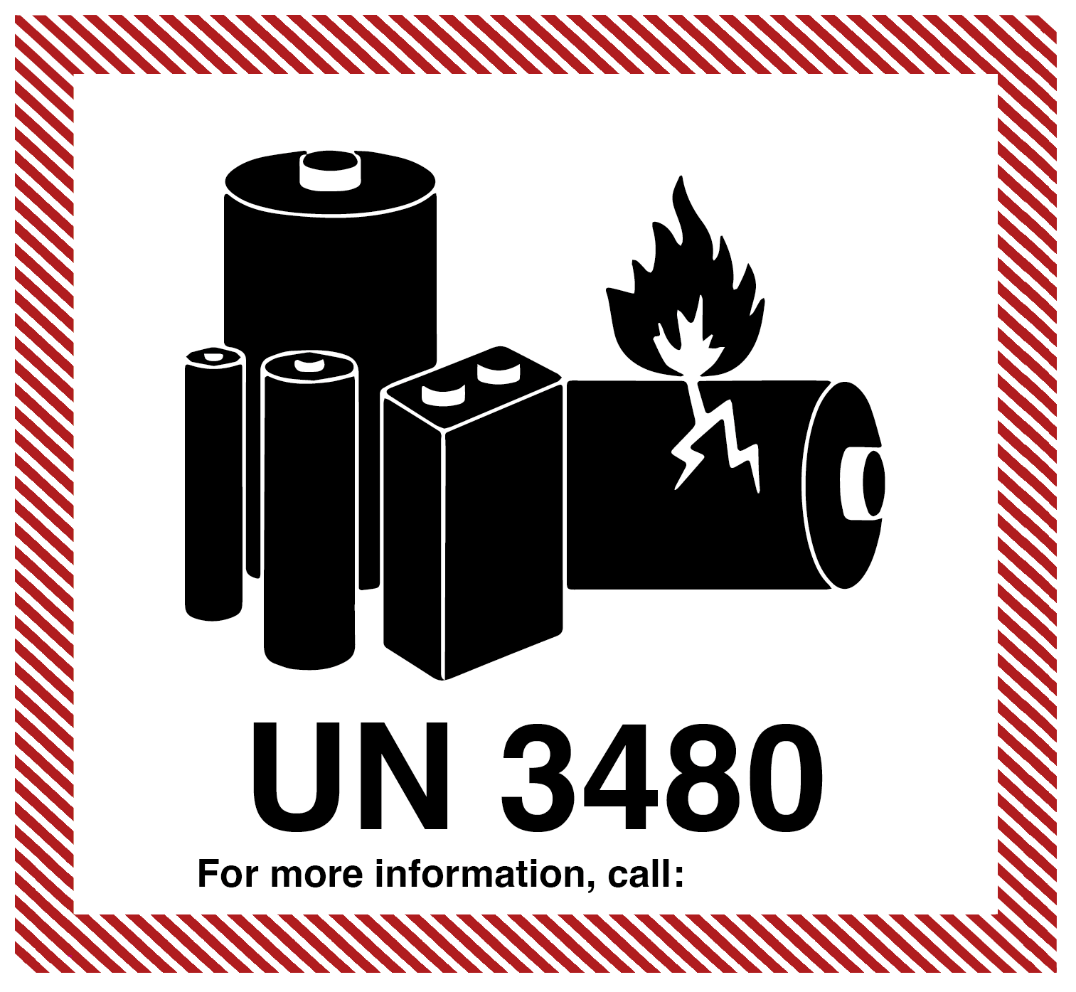 IATA lithium battery label with black batteries, code, and red margin on a white background.
