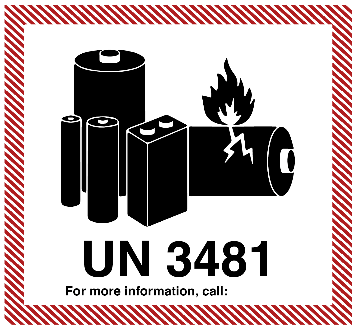 IATA lithium battery label with black batteries, code, and red margin on a white background.