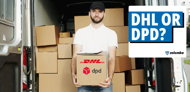 Ein Mann hält eine Box vor einem Lieferwagen, der mit Paketen gefüllt ist und ein Zolemba-Banner trägt.