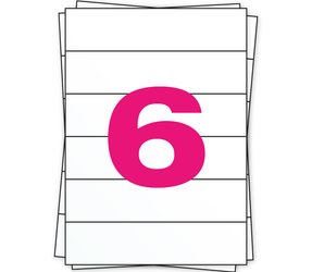 Tres papeles A4 apilados, el de arriba con un '6' rosa