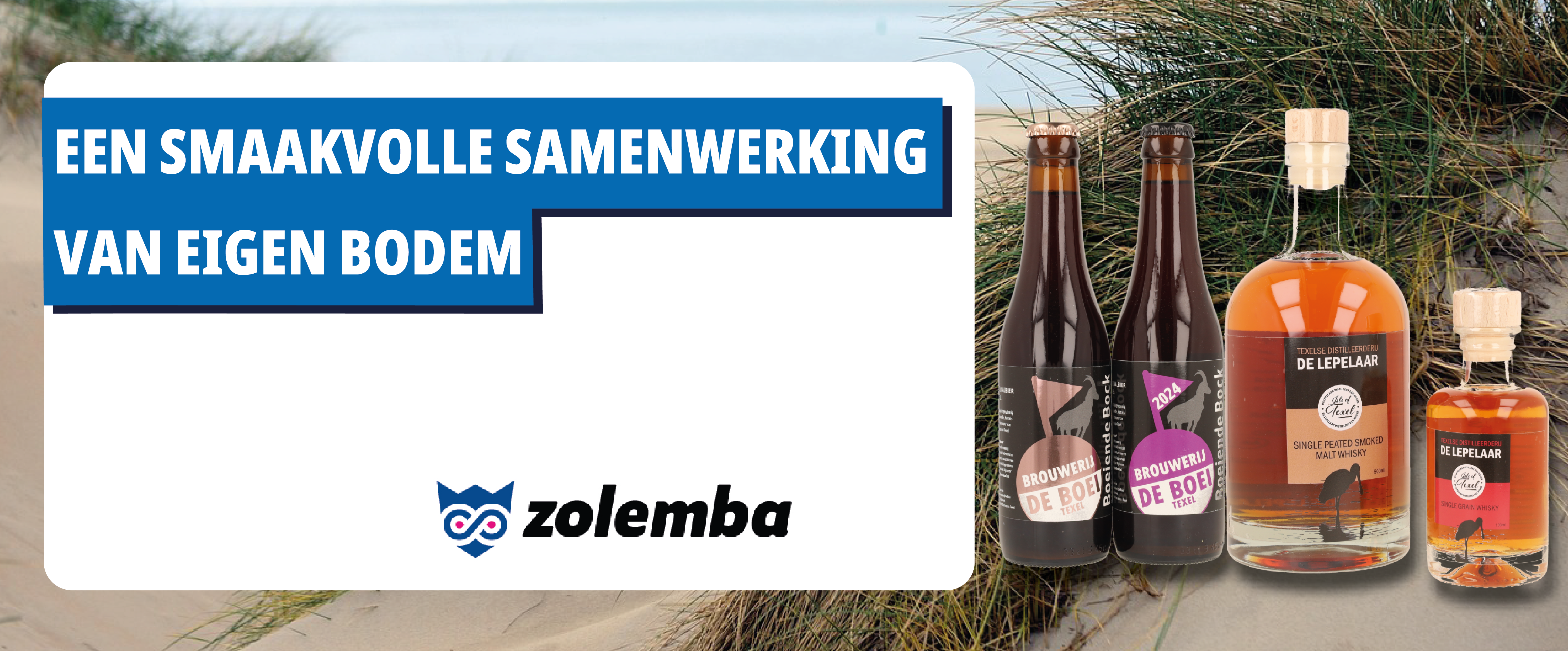 Vijf potten van Oma Dée-productie, drie op een oppervlak en twee gestapeld, met tekst op een blauwe achtergrond aan de linkerkant en het Zolemba-logo