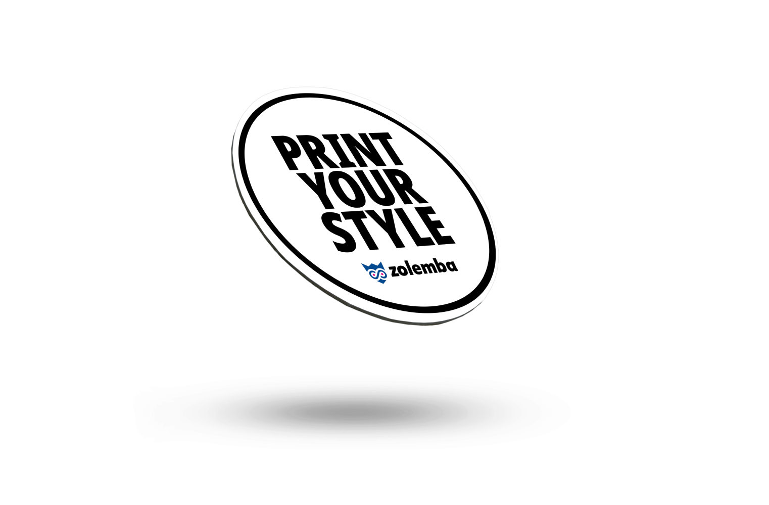 Étiquette circulaire blanche avec une bordure noire, texte 'Print Your Style', et logo Zolemba.