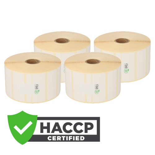 Vier Rollen leere Etiketten und das HACCP-Logo in der unteren linken Ecke.