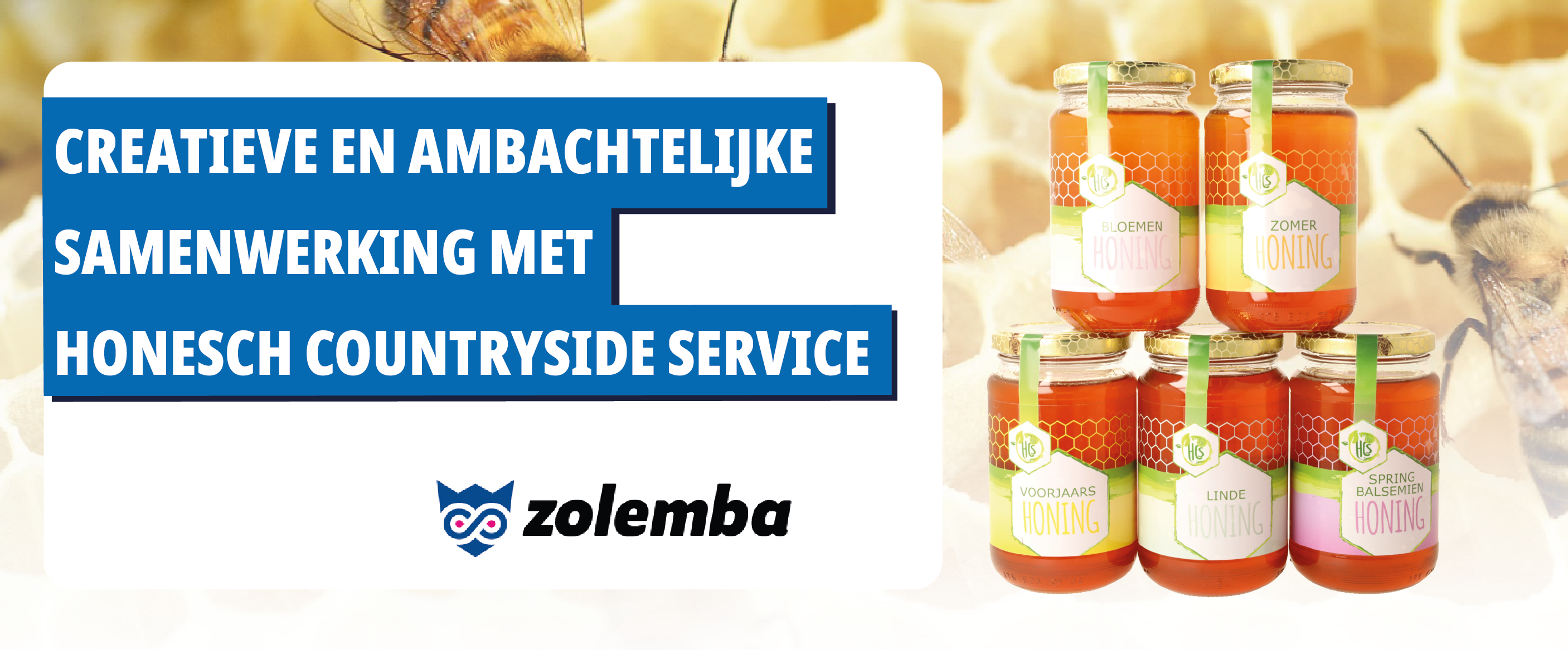 Vijf potten van Oma Dée-productie, drie op een oppervlak en twee gestapeld, met tekst op een blauwe achtergrond aan de linkerkant en het Zolemba-logo