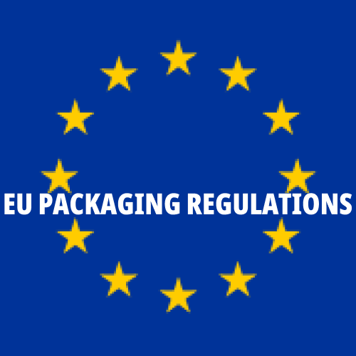 Ein Logo mit einem blauen Hintergrund, einem Ring aus gelben Sternen und dem Text 'EU Packaging Regulations' in Weiß in der Mitte.