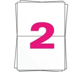 Tres papeles A4 apilados, el de arriba con un '2' rosa