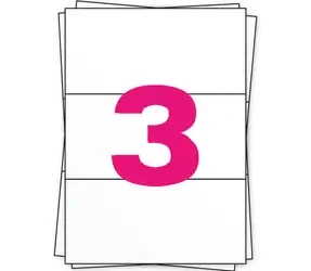 Tres papeles A4 apilados, el de arriba con un '3' rosa