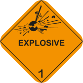 1: Orange explosive warning label with explosion icon.