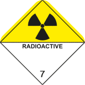 7: Radioactive warning label in yellow and white with black fan.
