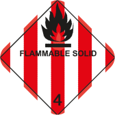 4: Flammable solid warning label with red and white stripes and black fire icon.