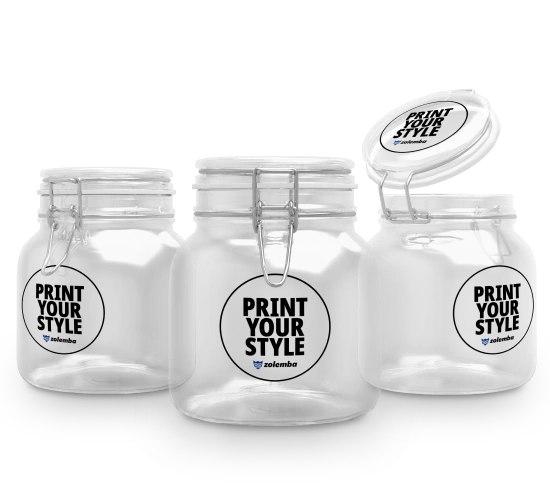 Three clear glass jars side by side with transparent labels, black text reading 'Print Your Style,' and the Zolemba logo.
