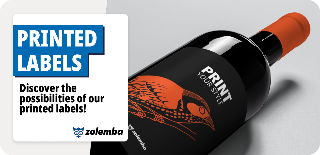 a lying dark wine bottle with red cap, black label with red bird, 'Print Your Style,' and Zolemba logo. Zolemba banner on left with text and logo on blue and white background.