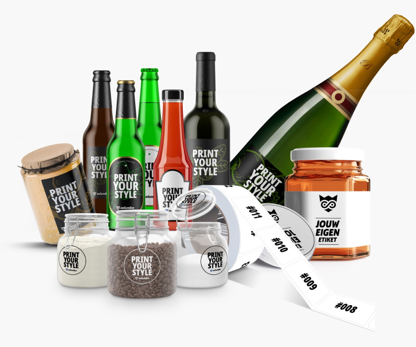 Assorted bottles and jars featuring labels produced by Zolemba.