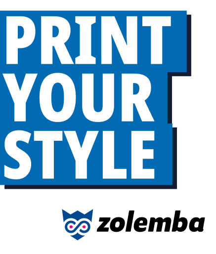Zolemba logo on a white background with a blue top and the text 'Print Your Style'.