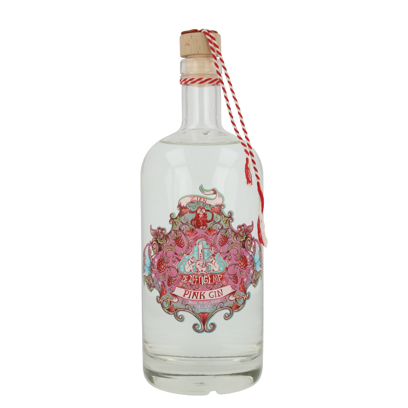 Klarflasche mit rosa Etikett 'Pink Gin'