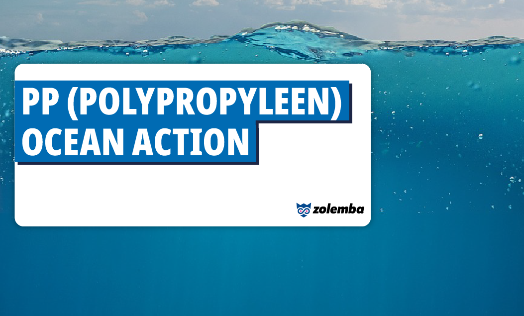 An underwater view of the ocean, with a thin line of sky visible above the water's surface. A white rectangle, features the text 'PP (Polypropylene) Ocean Action' in black on a blue background.