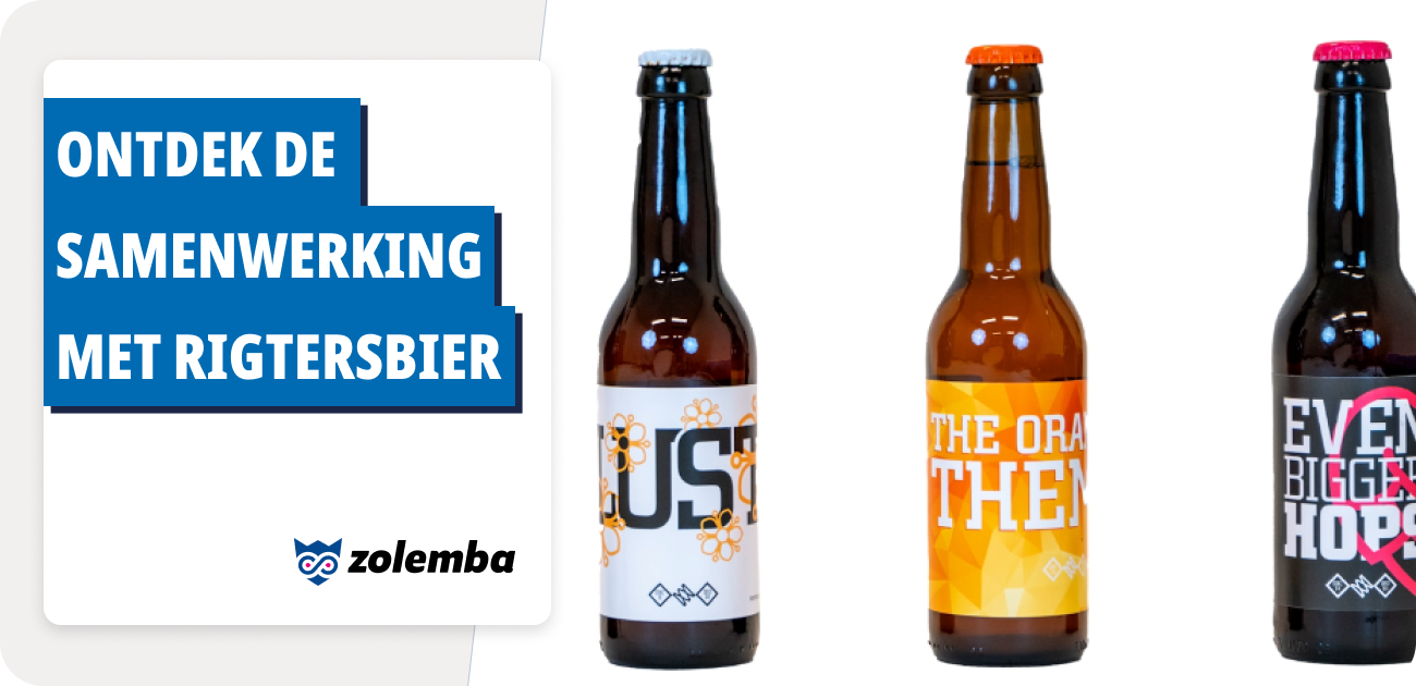 Three glass beer bottles are displayed on the right side of the photo, with text on a blue background and the Zolemba logo on the left side
