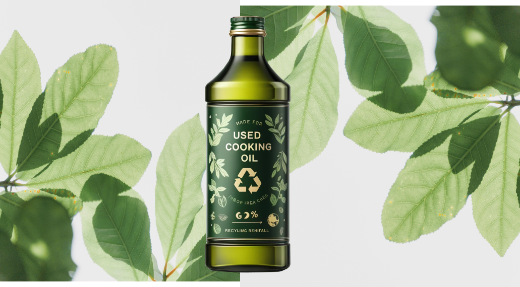 Bottiglia di olio da cucina con foglie su uno sfondo bianco.