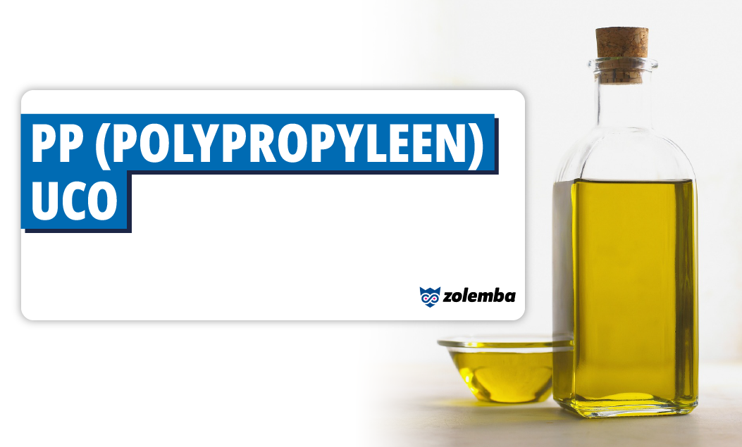 A bottle of cooking oil next to a clear bowl of oil. A white rectangle with the text 'PP (Polypropylene) UCO' in black on a blue background is visible on the photo.