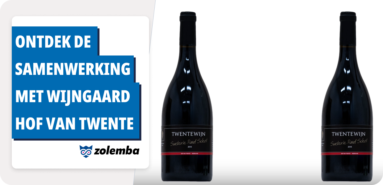 Deux bouteilles noires de vin Twente avec du texte sur un fond bleu à gauche
