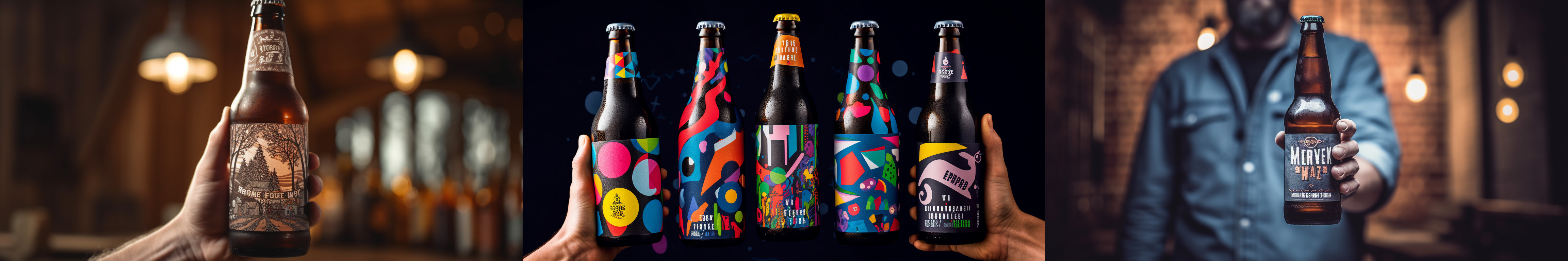 Three images in a row: a beer in hand, colorful beer bottle labels, and a faded man holding a beer bottle.