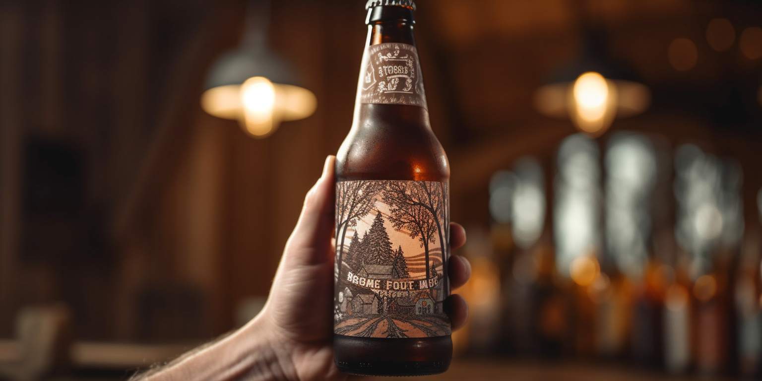 Eine einzelne Hand hält eine Bierflasche vor einem verblassten Holzhintergrund eines Restaurants.