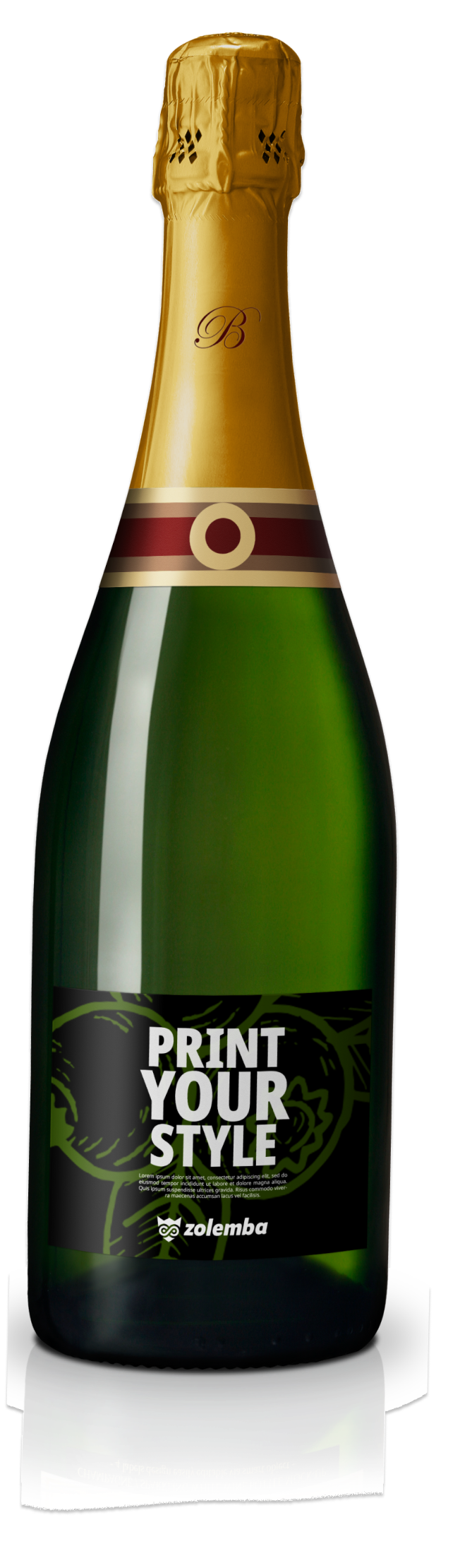 Groene champagnefles met een 'Print Your Style'-label en het Zolemba-logo.