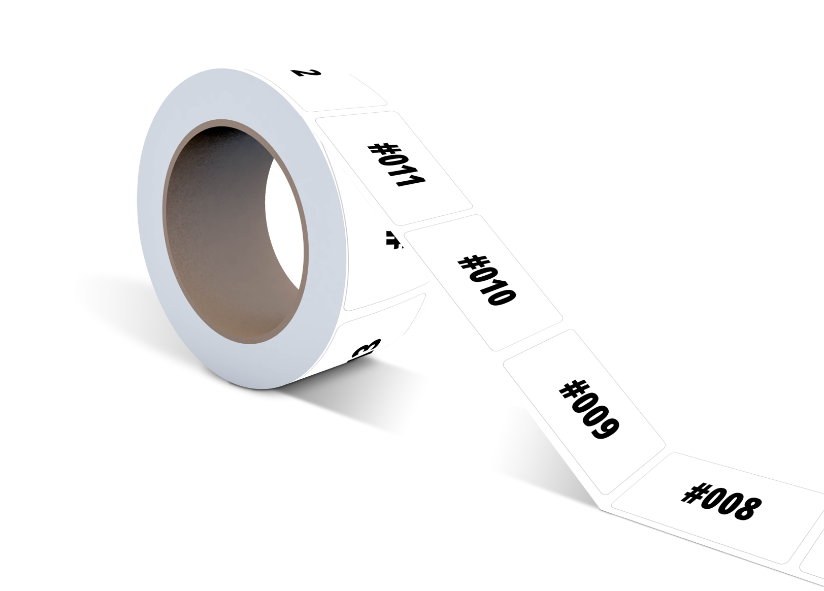 Roll of white labels with black text and a '#' on each label.