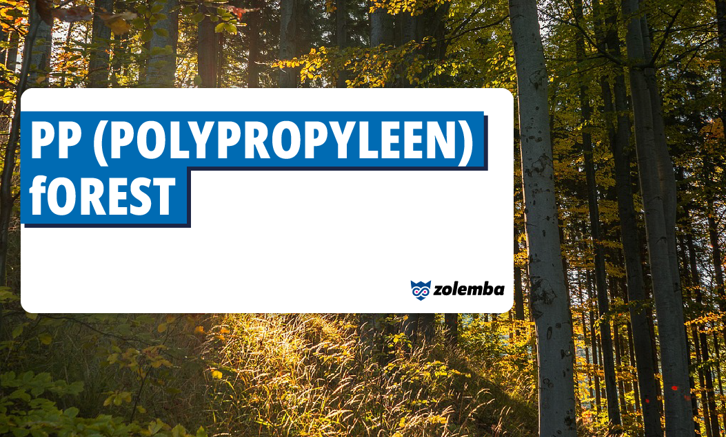 A forest with tall trees and light shining on the leaves. A white rectangle, displays the text 'PP (Polypropylene) Forest' in black on a blue background.