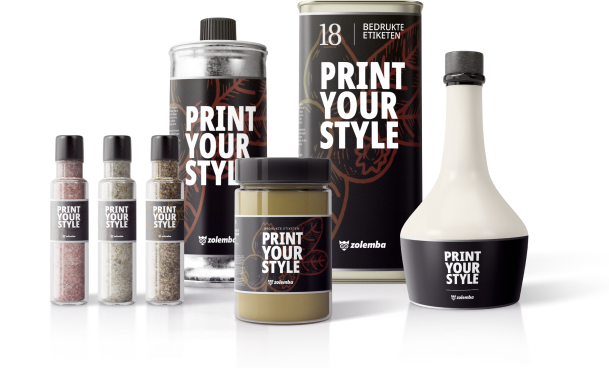 Bottles and jars with Zolemba logo and 'Print Your Style' label