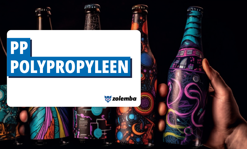 Glass bottles with colorful labels. A white rectangle with the Zolemba logo and the text 'PP, Polypropylene' in black on a blue background appears on the photo.