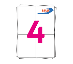 Producto Etiquetas Seur adhesivas en hojas de papel A4, 4 etiquetas blancas por hoja, permanente, 105mm x 148mm Imagen